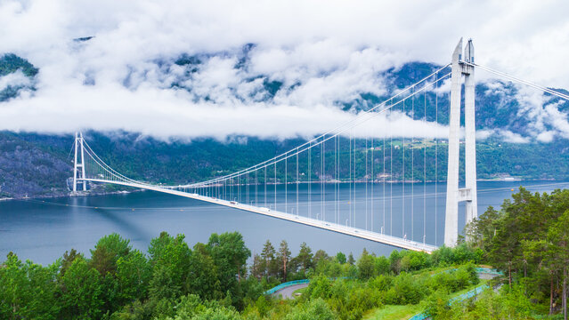 Aerial view of the Hardanger suspension bridge in Norway