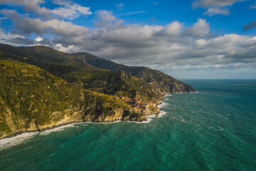 Obraz premium Manarola town, Cinque Terre national park, Liguria, Italy. Aerial drone picture. September 2022