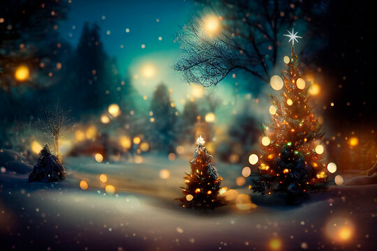Christmas tree, snowflakes and magic bokeh lights glowing in winter forest at night. New year eve holiday in winter wonderland. Xmas greeting card background and wallpaper.