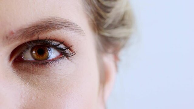 Eye, makeup and vision with cosmetic lens and woman, beauty and eyelash, microblading and optometry zoom. Mascara, eyeliner and contact lenses with cosmetics and wellness, lashes and eye care mockup.