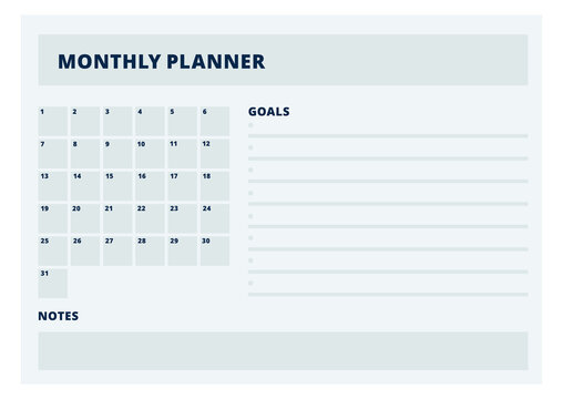 Monthly planner page. Calendar and project organizer template
