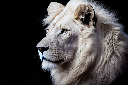 white lion in portrait black background