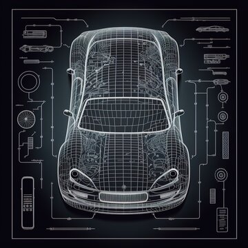 Futuristic automotive technology. Car schematic or car blueprint.Top view sedan car in outline. Generative AI..