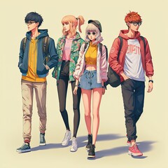 Group of young people in anime style, manga girls and boys Generative AI.. - obrazy, fototapety, plakaty