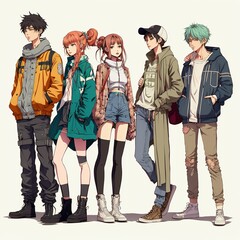 Group of young people in anime style, manga girls and boys Generative AI..