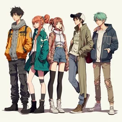 Fotobehang Group of young people in anime style, manga girls and boys Generative AI.. © DZMITRY