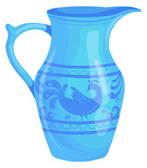Old clay jug. Blue ceramic cartoon pitcher