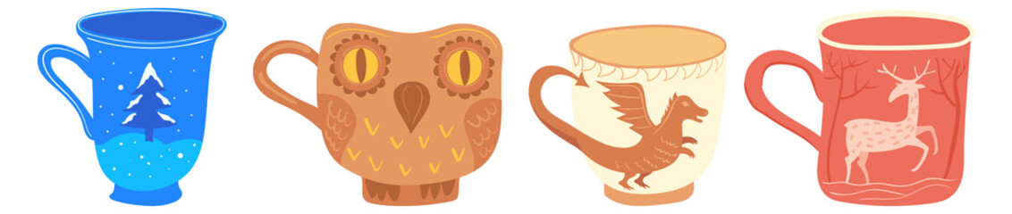 Cute scandinavian mug set. Color doodle cups