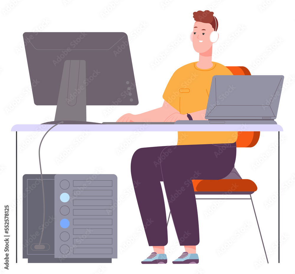 Poster man working on computer and laptop. programmer workplace