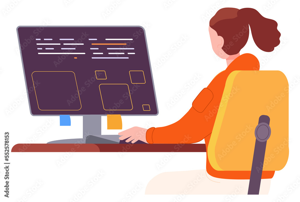 Poster woman looking on code at computer screen. programmer working