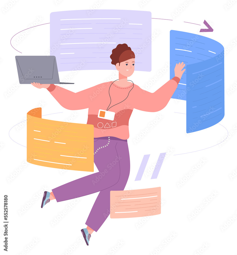 Poster woman programming. software developer working. person looking at code