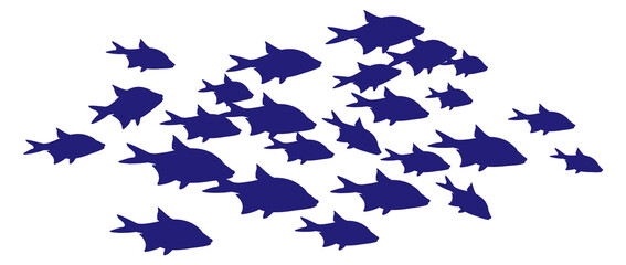 Obraz na płótnie Canvas Swimming fish shoal. Blue animal silhouettes underwater