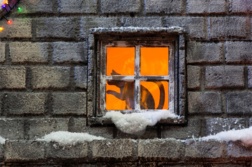 Silhouette of a cat in the evening in the window in which the light is on