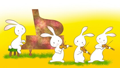 ウサギたちがピアノとバイオリンで楽しそうに合奏をしているイラスト