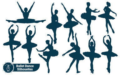 Collection of Black and white vector woman silhouettes dancing ballet of women's body anatomy styles