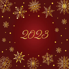 Elegant New Years Christmas greeting card with gold snowflake round frame with copy space on dark red background. Minimalist retro vintage style template for holiday banner