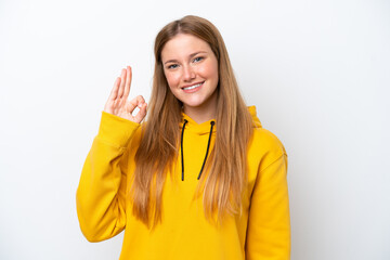 Young caucasian woman isolated on white background showing ok sign with fingers