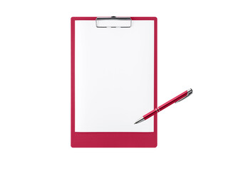 Clipboard with blank white A4 paper and pen in trendy color 2023 Viva Magenta isolated