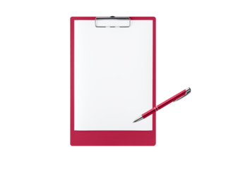 Clipboard with blank white A4 paper and pen in trendy color 2023 Viva Magenta isolated