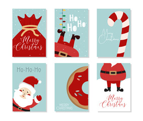 Merry Christmas and Happy New Year greeting card set with cute santa claus. Vector