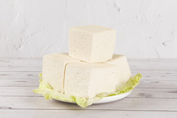  traditional food Raw Soy Tofu on wooden table