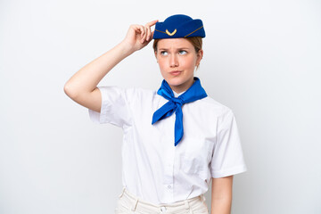 Airplane stewardess woman isolated on white background having doubts and with confuse face expression