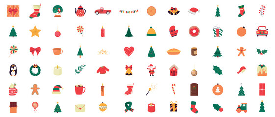 Christmas big set.Cute characters, Santa, toys, Christmas tree, sweets and gifts. Cute palette of sweets. Vector illustration