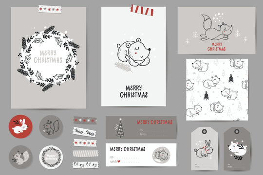 Christmas set with Christmas cards, notes, stickers, labels, stamps, tags with forest animals.