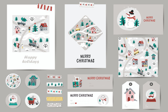 Christmas set with Christmas cards, notes, stickers, labels, stamps, tags with cute cars.