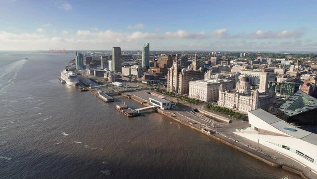 The drone aerial footage of Liverpool, England.   Liverpool is a city and metropolitan borough in Merseyside, England.