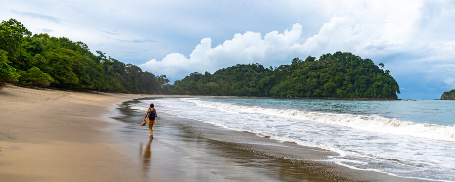 panorama of a tropical beach with palm trees in manuel antonio national park in quepos, Costa Rica; lone backpacker girl walking on a tropical paradise beach in Costa Rica