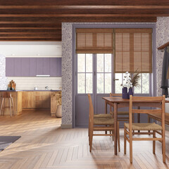 Rustic wooden kitchen and dining room in white and purple tones. Cabinets and parquet floor. Table with chairs. Farmhouse interior design