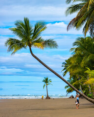 A beautiful girl in a short skirt walks under palm trees on a tropical beach in Costa Rica; marino...