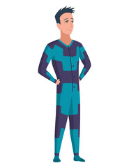 Character pajama. Men dressed in onesie. People wearing jumpsuit or kigurumi. Pajama party, person in costume