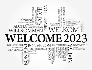 WELCOME 2023 word cloud in different languages, conceptual background