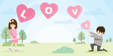 illustration of a man giving abstract balloons heart shape to a woman in the park and have blank space for advertisement wording. Valentine's day greeting card template.