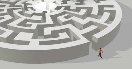 Man Entering Maze aerial view, find solution and life challenge concept, 3D illustration