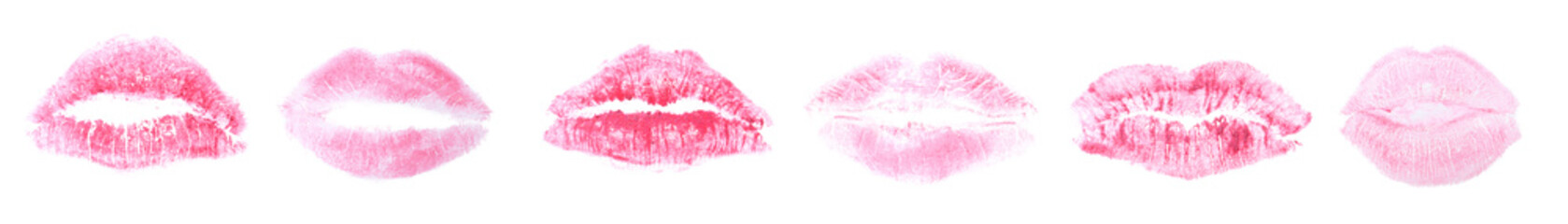 Set with lipstick kiss marks on white background, top view. Banner design