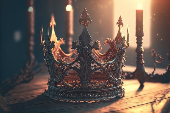 Beautiful queen/king crown over wooden table. vintage filtered. fantasy medieval period. Generative AI