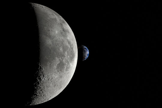 La Terre se lève derrière la lune - textures fournies par la Nasa - rendu 3D