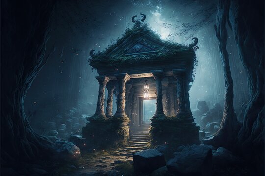 Fantasy stone temple in the forest at night. Generative AI