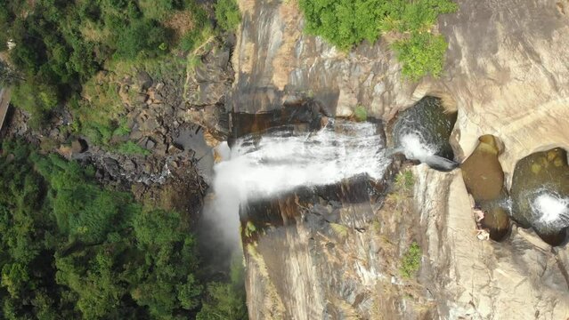 Top view on Diyaluma Falls, Kostanda, highest waterfall in Sri Lanka. Drone footage 4K