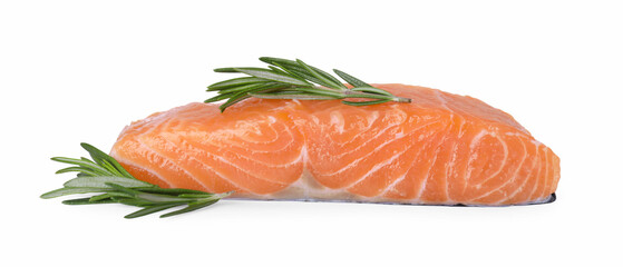 Piece of fresh raw salmon with rosemary isolated on white