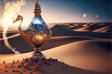 Lamp of Wishes In The Desert - Genie Coming Out Of The Bottle. Generative AI - obrazy, fototapety, plakaty