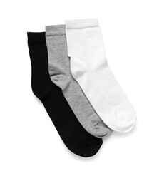 Different socks isolated on white, top view