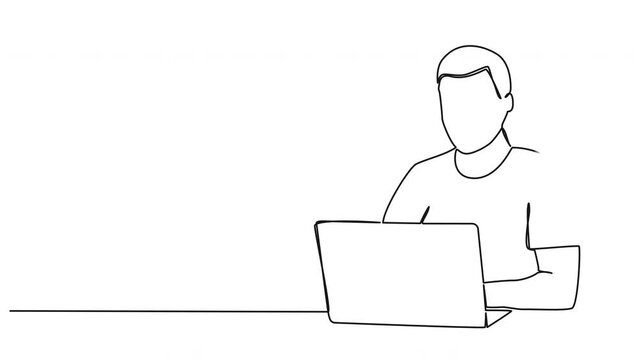 animated continuous single line drawing of man using laptop computer, line art animation
