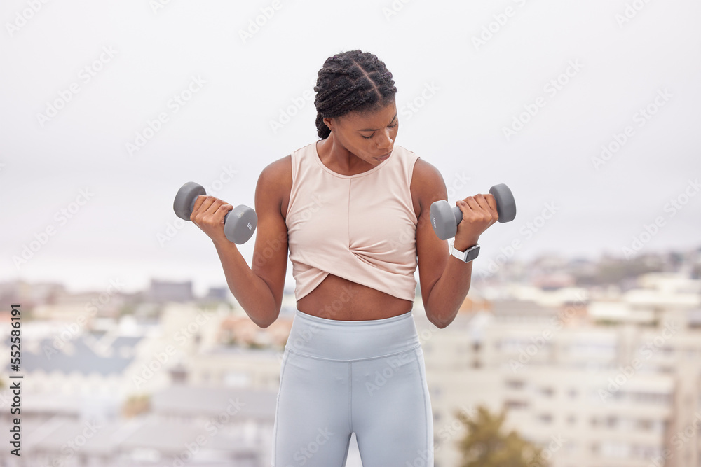 Poster Muscle, dumbbell and black woman training in the city, rooftop fitness and muscle cardio in Mexico. Workout, health and African girl athlete with weights for bodybuilding, power and strong arms