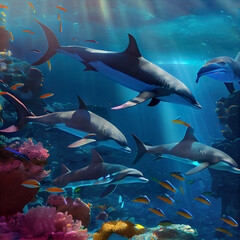 dolphins underwater, seascape coral reef background with clear water