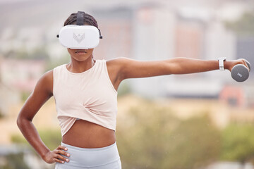 Virtual reality, fitness or black woman with a dumbbell, vr or 3d headset for a gaming experience...