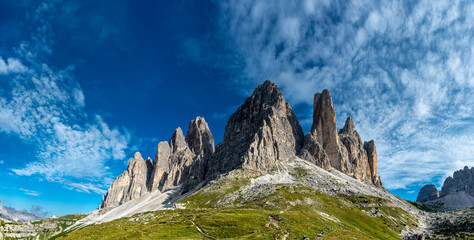 Beautiful Morning at Tre Cime di Lavaredo Mountains with blue sky, Dolomites Alps, Italy